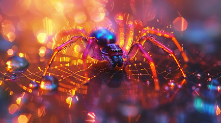 An opal reflecting rainbow light onto a delicate spider web each strand shimmering with colors with a dew covered spider in the centerの素材