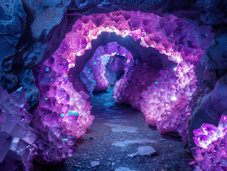 Amethyst geode cave its crystals catching light to cast an ethereal rainbow glow on its purple wallsの素材