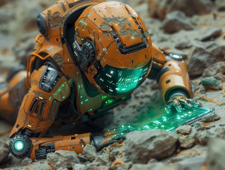 Archaeologist robot uncovering ancient circuits beneath silicon sands deciphering data hieroglyphsの素材