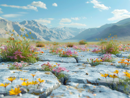 Arid desert cracks forming an insulin molecule grid with a rare bloom of desert flowers adding bursts of color to the dry landscapeの素材