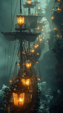 ATP molecules fueling the lanterns of a ghostly ship navigating the misty seas of the afterlifeの素材