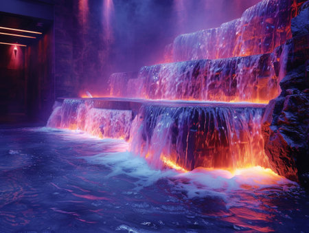 Caffeine molecule light projection on a cascading waterfall turning the water into a vibrant display of energyの素材