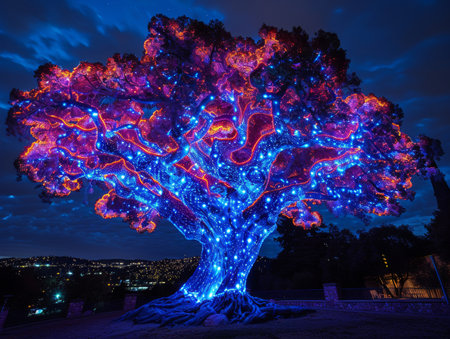 Chlorophyll molecule projection on a giant sequoia highlighting the unseen process of photosynthesis in neon colorsの素材