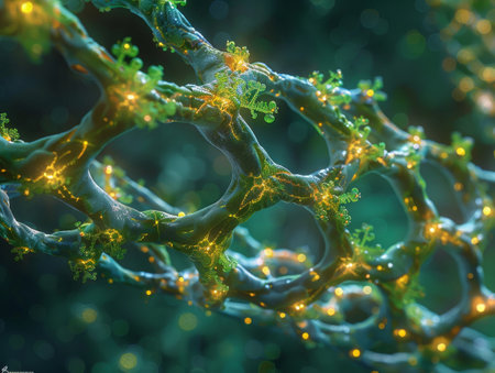 Chlorophyll structure floating in a cosmic garden where celestial flowers bloom in patterns mirroring the molecules arrangementの素材