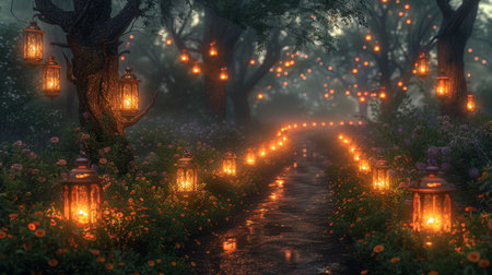 Citrine lanterns lighting an ancient path their warm glow interacting with the evening mist to create soft rainbowsの素材