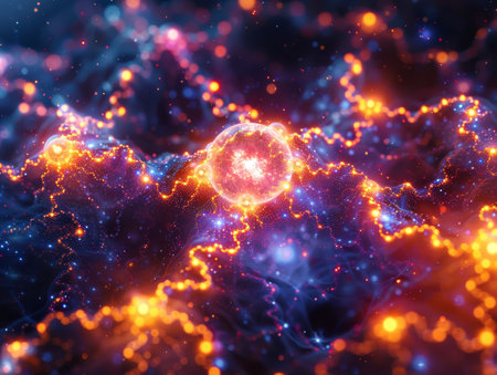Caffeine molecule orbiting a vibrant pulsar each atom a glowing celestial body in the caffeine solar systemの素材