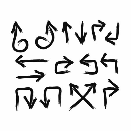 Set of arrows drawn by hand with a brush in grunge style. Isolated vector illustration.
