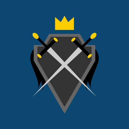 Shield, crossed swords and crown. Symbol,  emblem. Isolated vector illustration.のイラスト素材