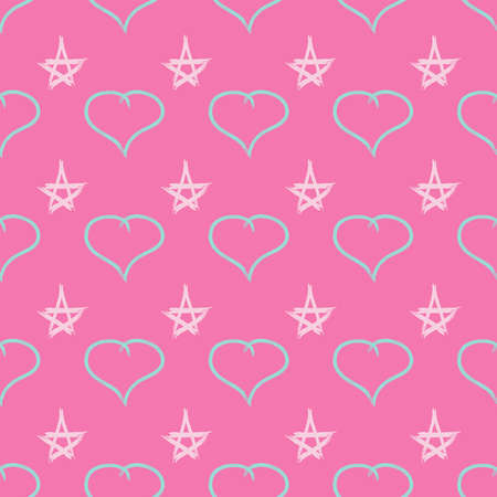 Cute seamless pattern with hearts and stars drawn by rough brush. Sketch, graffiti, paint. Vector illustration.のイラスト素材