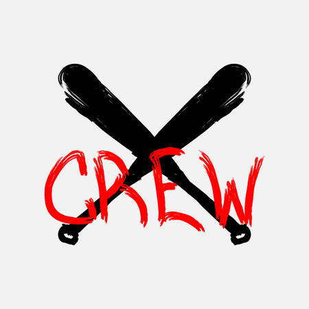 Inscription crew with  black crossed baseball bats drawn rough brush. Paint, graffiti, sketch, watercolor. Grunge vector illustration.のイラスト素材