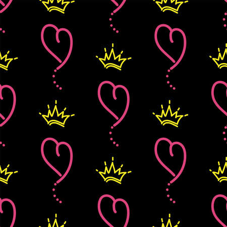 Romantic pattern with hearts and crowns drawn by hand. Sketch, doodle, scribble. Vector illustration.のイラスト素材
