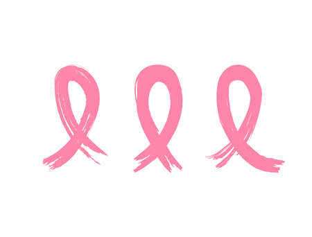Set of pink breast cancer awareness ribbons painted with watercolor brush. Grunge, sketch, graffiti. Simple vector illustration.のイラスト素材