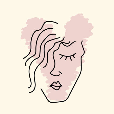 Abstract silhouette female face with loose hair. Sketch, doodle, scribble. Cute vector illustration.のイラスト素材