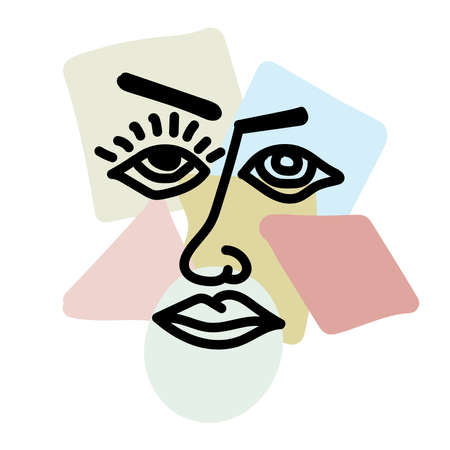 Silhouette person on background geometric shapes. Abstraction, cubism, minimalism. Colorful vector illustration.のイラスト素材