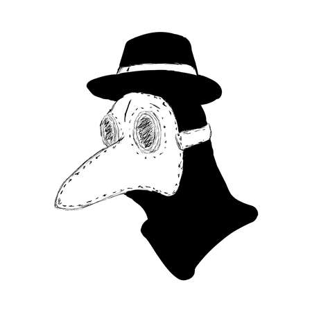 Sketch of head of plague doctor. Drawn by hand. Isolated vector illustration.のイラスト素材