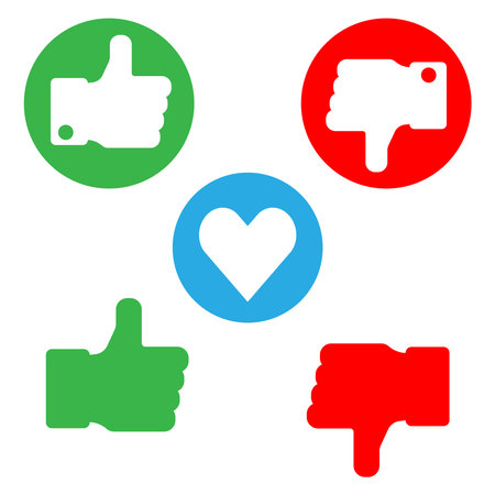Set of like, dislike, and heart icons. Flat symbols. Isolated vector illustration.