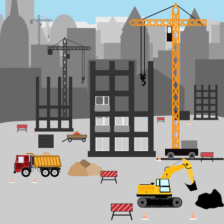 Construction site with special equipment on the background of the city. Truck, crane, excavator, houses under building. Flat vector illustration.のイラスト素材