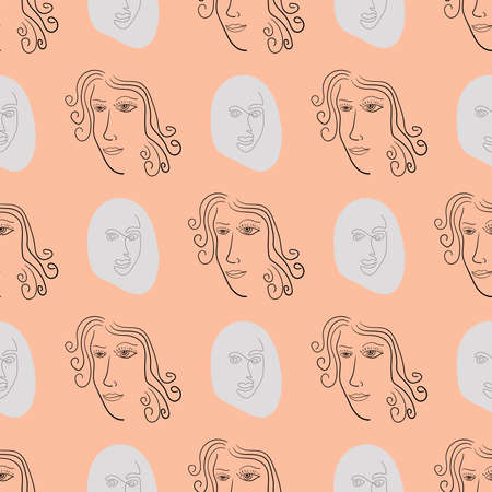 Seamless abstract pattern with women's faces drawn by hand. Doodle, sketch. Stylish vector illustration.のイラスト素材