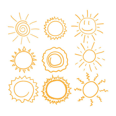Set of different suns drawn by hand. Doodle, sketch, scribble. Simple vector illustration.のイラスト素材