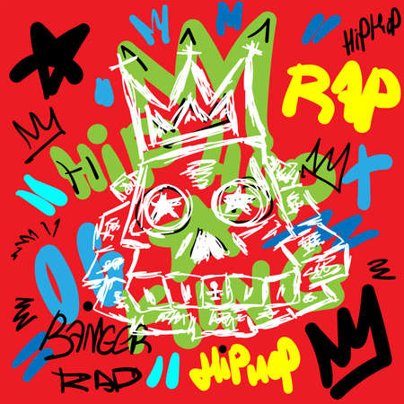 Colorful rap print with skull and text drawn by hand. Sketch, doodle, scribble. Vector illustration.のイラスト素材