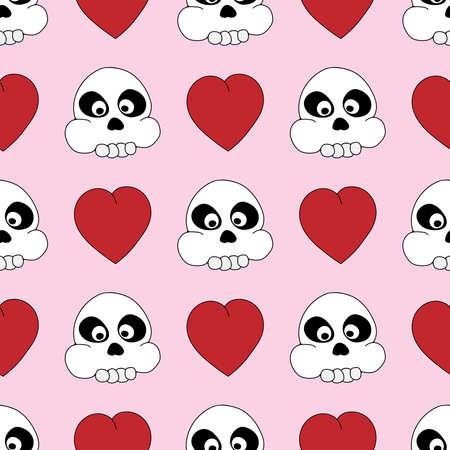 Seamless pattern with repeated funny skulls and hearts. Drawn by hand. Cute vector illustration.のイラスト素材