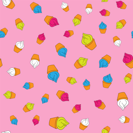 Cute seamless pattern with scattered colored cupcakes. Drawn by hand. Girly vector illustration.のイラスト素材