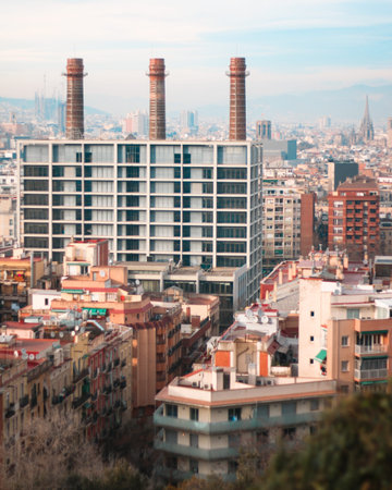 Skyline of Barcelona - Old factoriesのeditorial素材