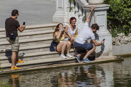 Madrid / Spain - 07 23 20: People on the lake at Retiro park not using face maskのeditorial素材