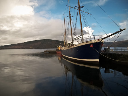 A ship in a harbour in Scottish Highlands