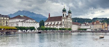 Panoramic view of Lucerne and Mount Pilatus  Switzerland   Panorama of three horizontal framesの写真素材