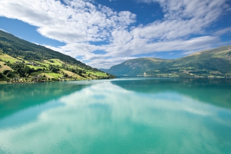 Scenic view of Nordfjord near Olden (Norway)の写真素材