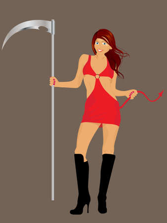 Vector illustration of a redhead sexy girl wearing a red evil costume and holding a scythe.のイラスト素材