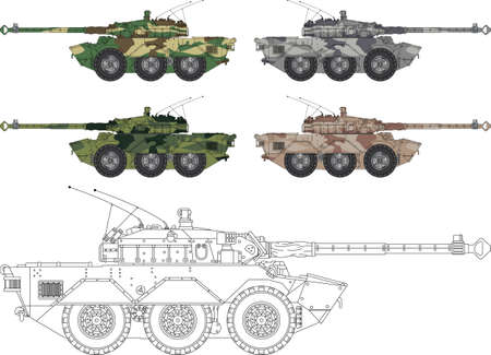 High detailed illustration of a modern tank - side view  with four camouflage colorsのイラスト素材