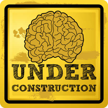 Abstract illustration of a human brain with under construction text over grunge yellow backgroundのイラスト素材
