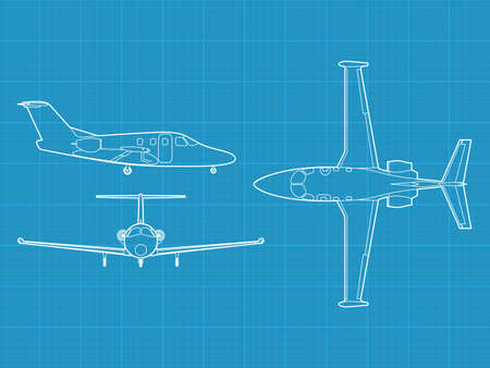 high detailed illustration of small modern civil airplane - top, side and front view のイラスト素材