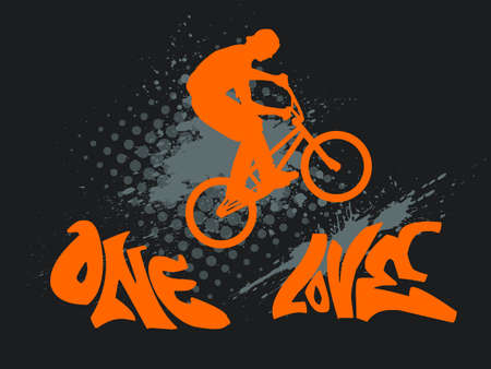 illustration with a biker silhouette, ink splash and graffiti text - one love のイラスト素材