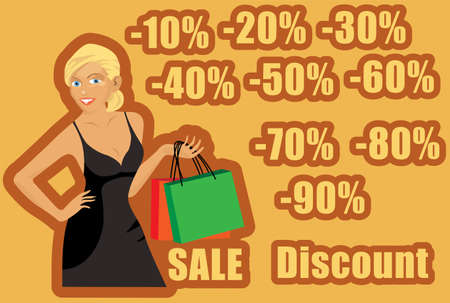 illustration of a blonde girl in black dress with shopping bagsのイラスト素材