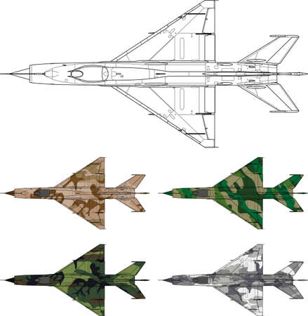 High detailed vector illustration of a military airplane top view with four camouflage patternsのイラスト素材