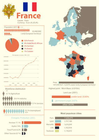 Vector infographic of France with demographic, geographical and economic data のイラスト素材