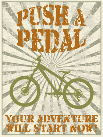 Vintage style poster with a mountain bike silhouette and advice - push a pedalのイラスト素材
