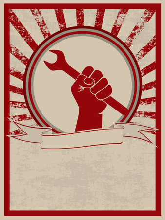 Vintage style poster with a hand holding a wrenchのイラスト素材