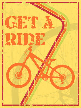 Abstract grunge poster with a bike silhouette and text get a rideのイラスト素材