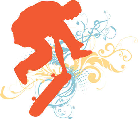 Vector illustration of a skateboarder silhouette with floral ornamentsのイラスト素材