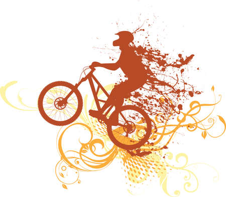 Vector biker silhouette with ink splashes and floral ornamentsのイラスト素材