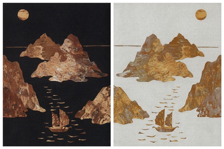 Sailing ships in sea of Japan. Handmade, application from slices of a back of a birch bark on a black fabricの写真素材