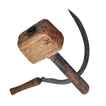 Old tools: sickle and wooden hammer mallet. Made in the USSR, Russia, Siberia, in the mid-20th centuryの写真素材