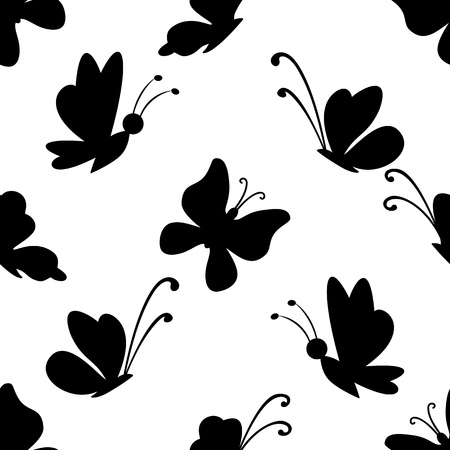 Seamless background, black silhouettes various butterflies on white. のイラスト素材