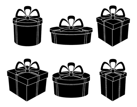 Set gift boxes different forms with bows, black silhouettes on white. のイラスト素材