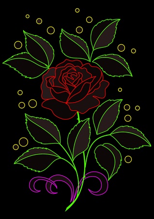 Flower rose with leaves and confetti. Colored silhouettes on black background. のイラスト素材
