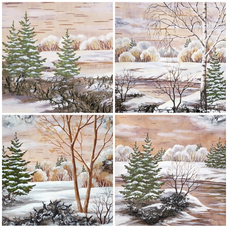 Pictures, set winter natural landscapes  Hand draw, distemper on a birch barkの写真素材